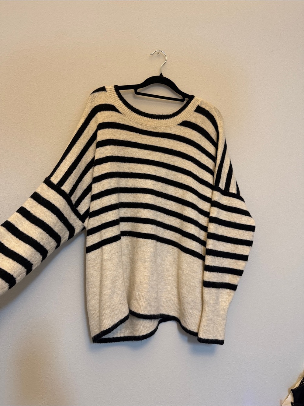 CeCe Black and Cream Striped Scoop-Neck Sweater